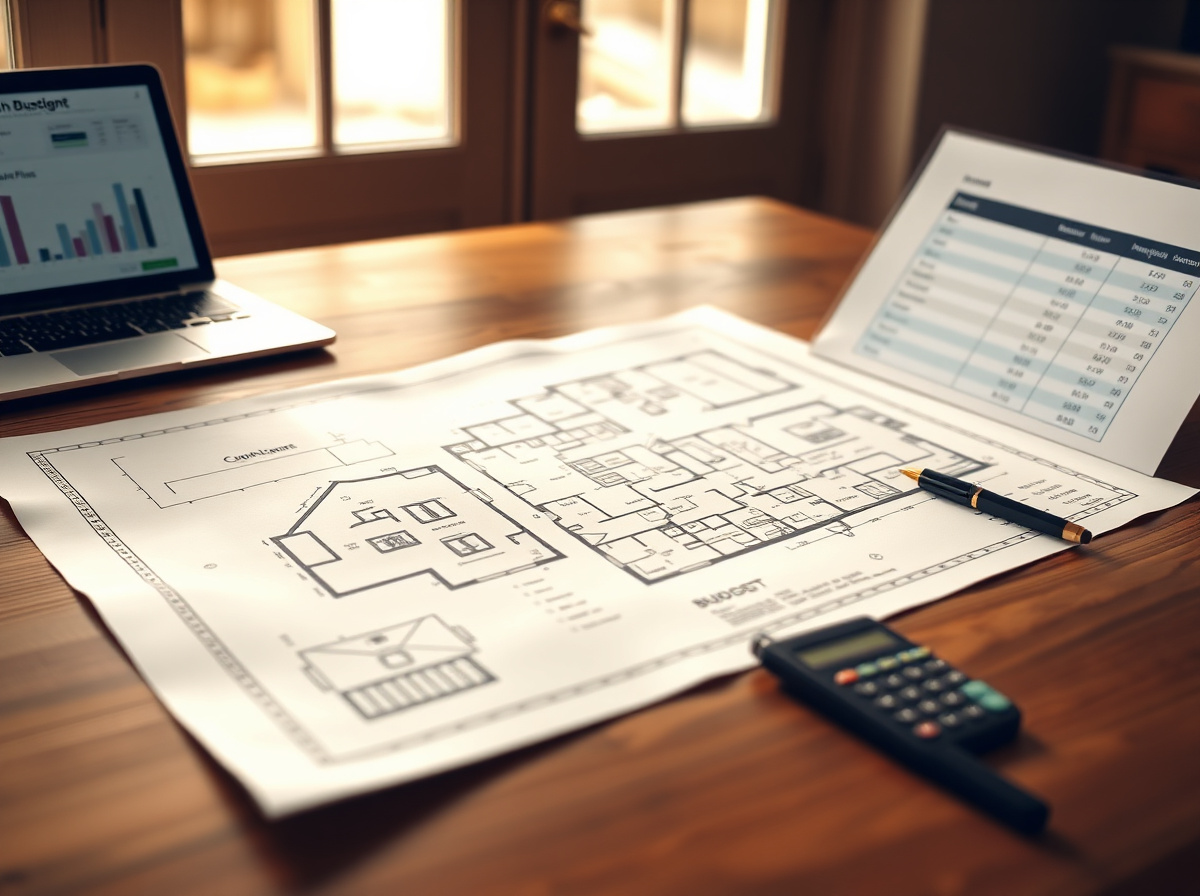 Blueprints and a set of house plans spread on a table beside a laptop during a financing consultation