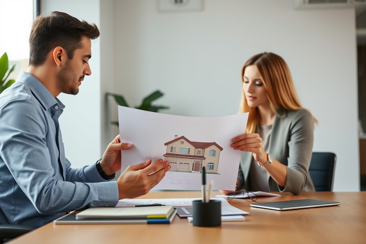 Financial advisor and client reviewing custom home construction loan paperwork together at a desk
